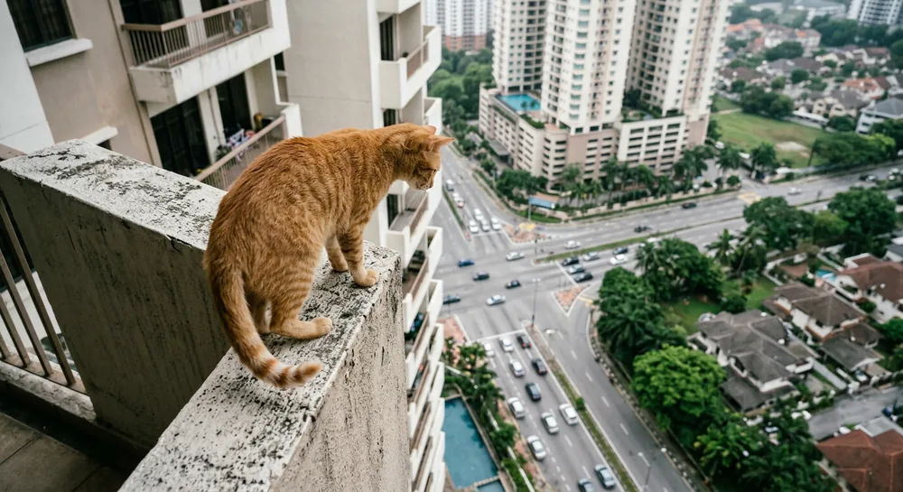Cat on edge of high-rise balcony railing with no invisible balcony grill — one step from falling