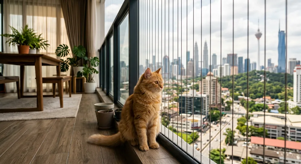 Cat sitting safely behind invisible balcony grill on Malaysian condo balcony with KL skyline